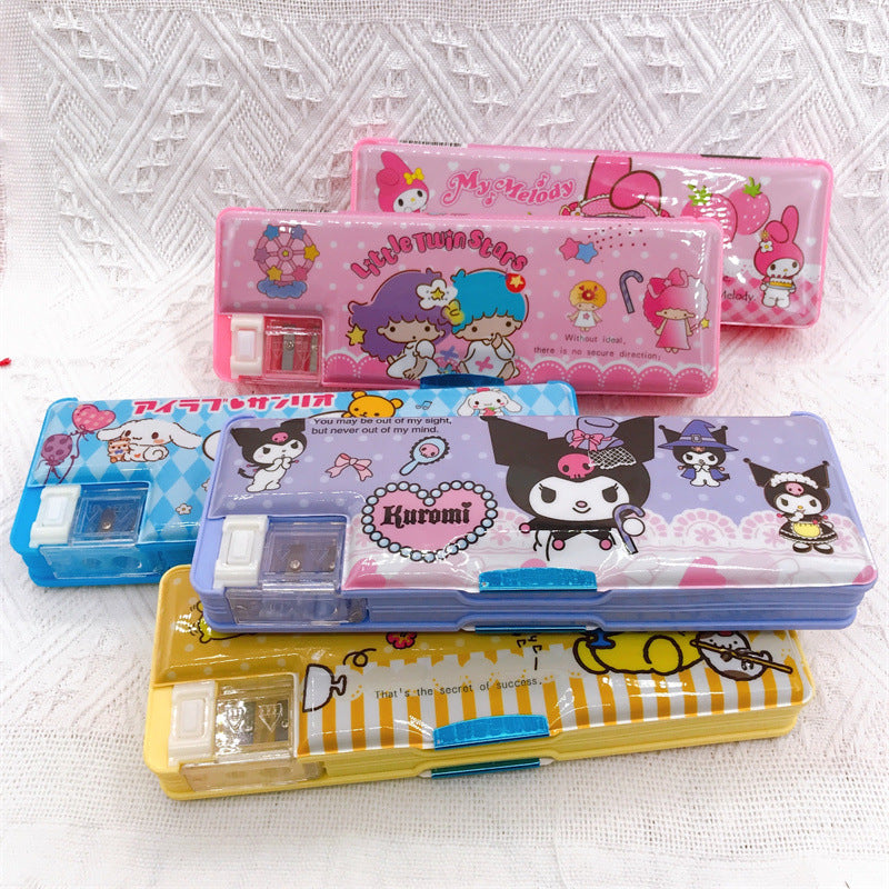 【PC-0009】Cartoon Kurumi Little White Dog Double sided Pen Box Stationery Box Children's and Students' Multifunctional Pencil Box with Pencil sharpener