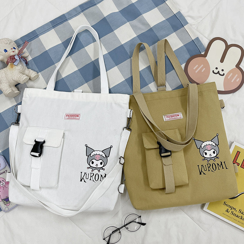 New canvas bag female handbag hundred with casual diagonal cross cartoon kuromi students large capacity cramming bag double back