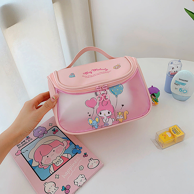 Sanrio cartoon makeup bag female large capacity portable travel high value double zipper pu leather handheld storage bag