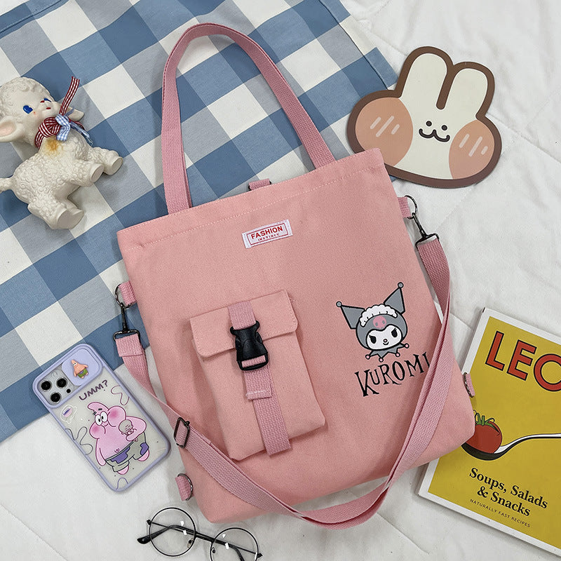 New canvas bag female handbag hundred with casual diagonal cross cartoon kuromi students large capacity cramming bag double back