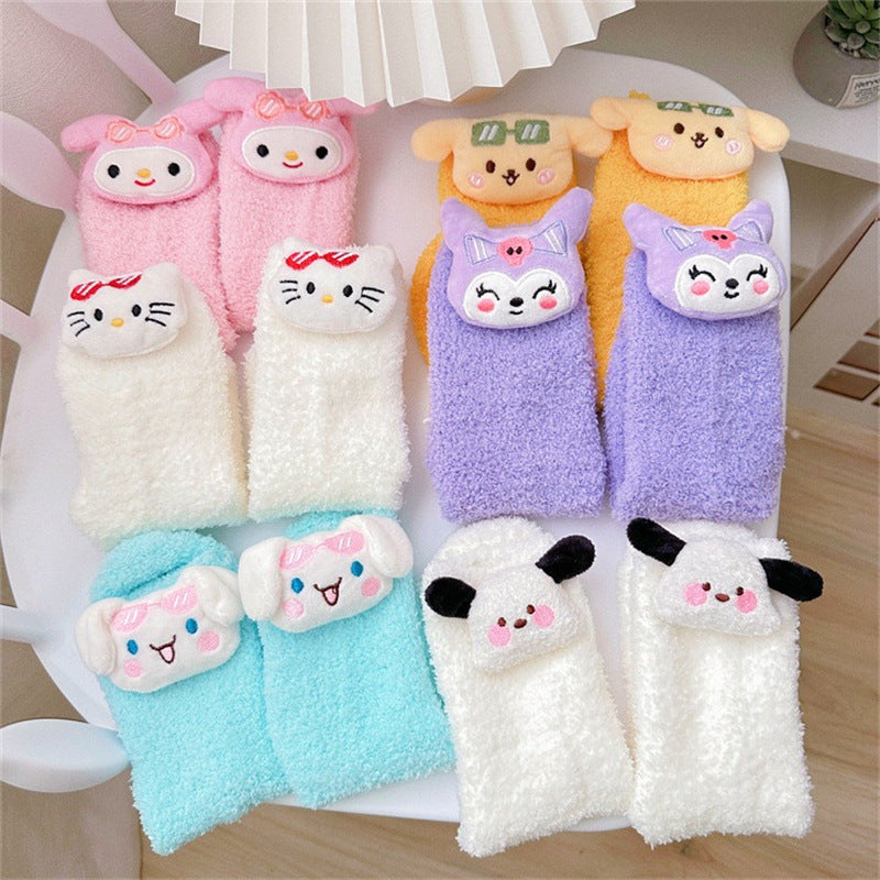 【DU-0054】Japanese Cute Girl Heart Plush Floor Socks, Home Plush Socks, Winter Warm Medium Tube Socks, Coolommy Sleep Socks