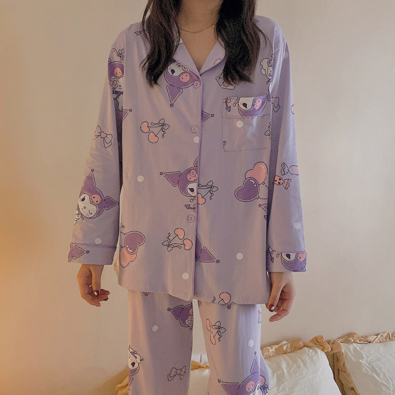 Girls' cartoon pajamas, girls' spring and autumn new student loose and cute purple long sleeved cardigan, home clothing set trend