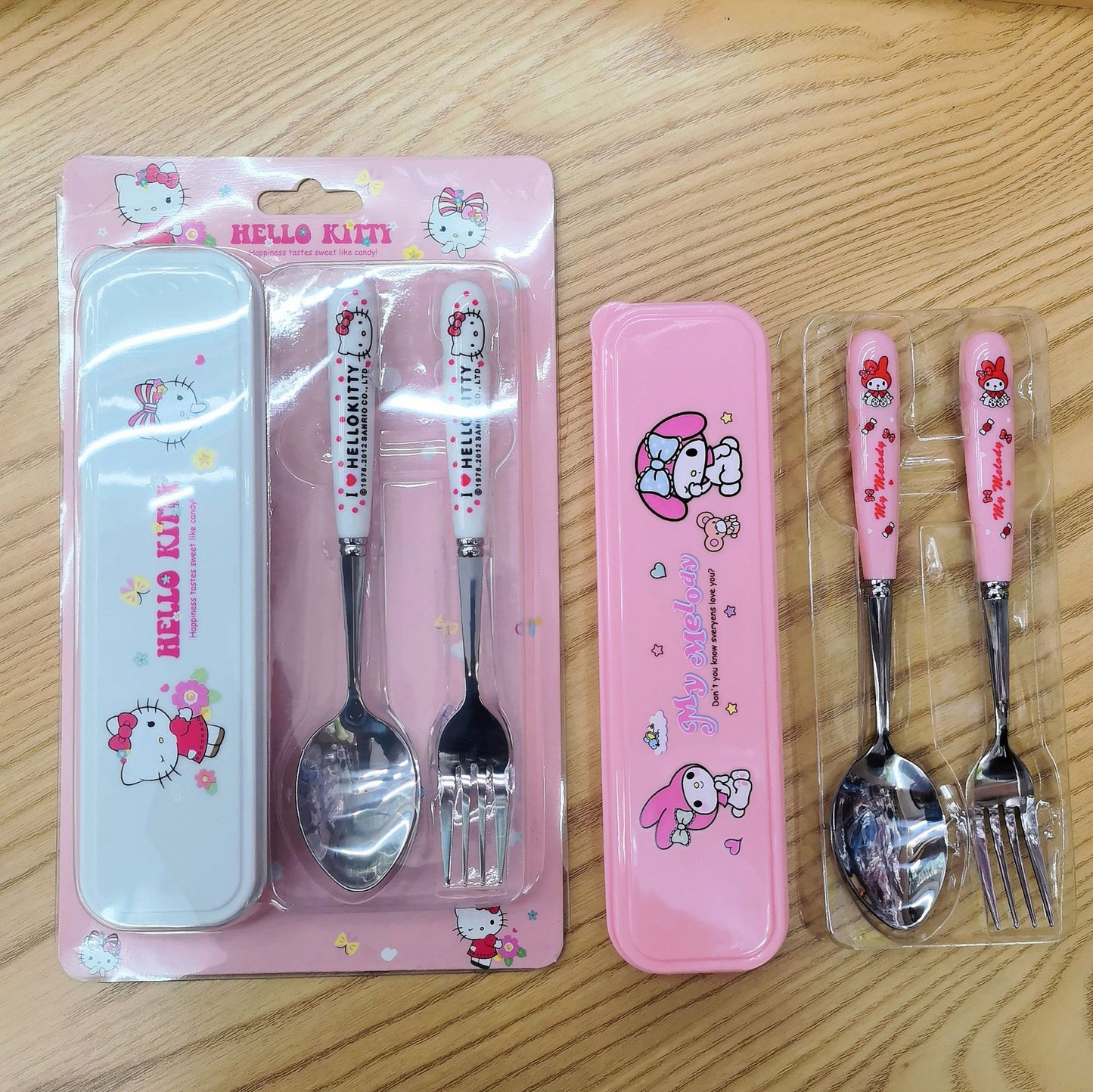 【KT-0010】Cute cartoon student portable children&#039;s tableware two-piece stainless steel fork spoon Sanrio tableware box set