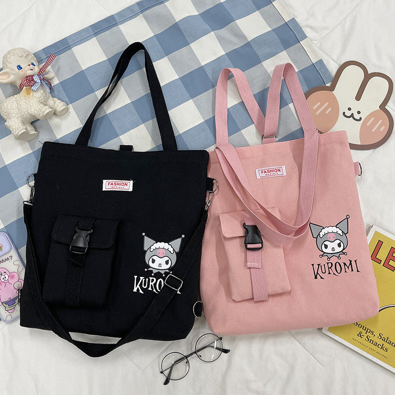 New canvas bag female handbag hundred with casual diagonal cross cartoon kuromi students large capacity cramming bag double back