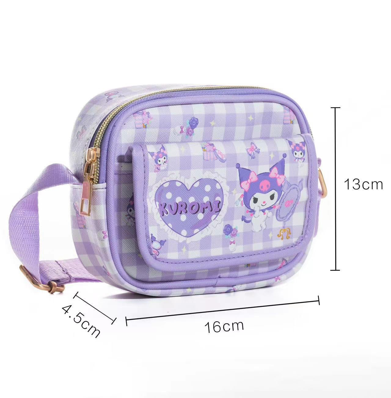 【B-0048】Japanese Kuromi Double Layer Mobile Phone Bag Cute Cartoon Crossbody Bag One Shoulder Backpack Change Key Storage Bag