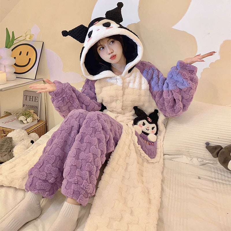 Pajama ladies coral velvet robe in autumn and winter plus velvet padded cute cartoon little winter home service suit