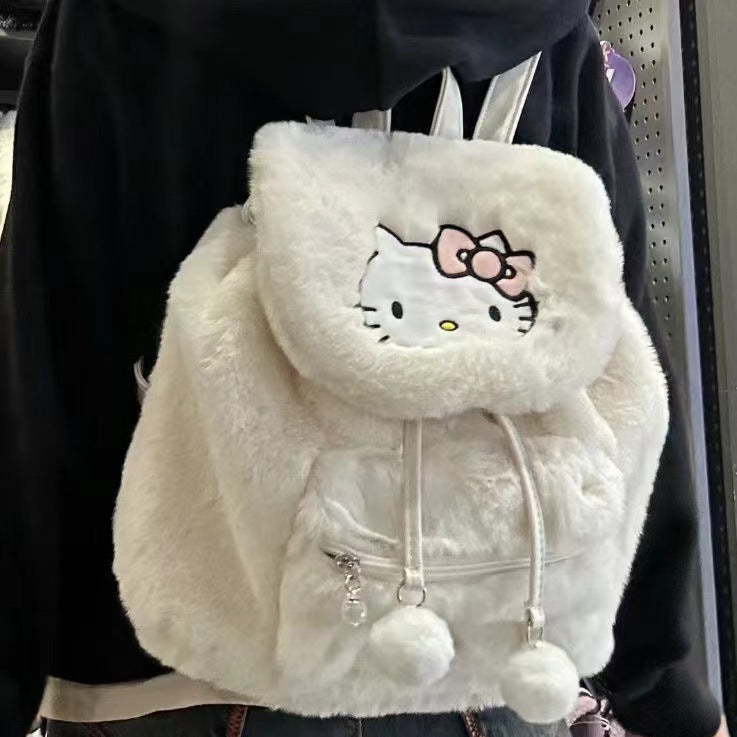 Sanrio Plush Flap Backpack Women's Casual 2023 New Large Capacity Cute School Bag Backpack