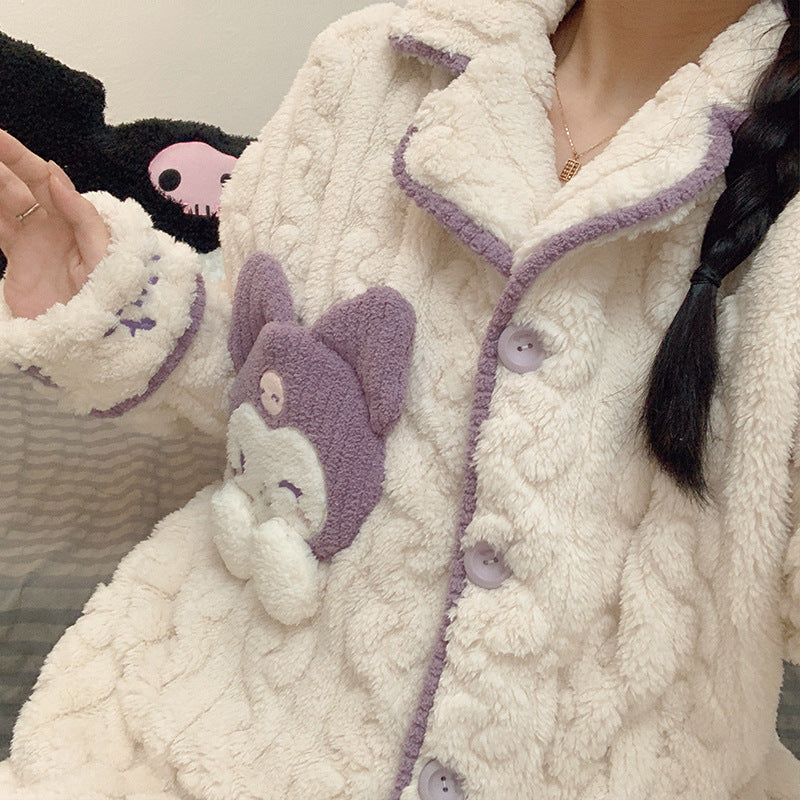 Wholesale winter pajamas, women's coral velvet, Sanrio cartoon, thickened flannel, autumn and winter home clothing set