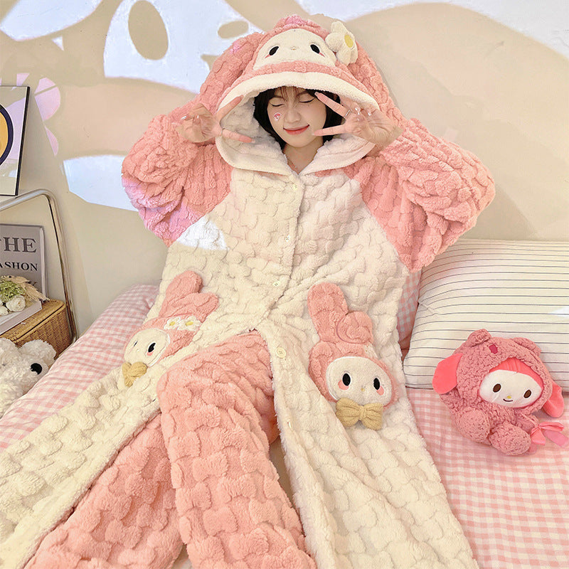 Pajama ladies coral velvet robe in autumn and winter plus velvet padded cute cartoon little winter home service suit