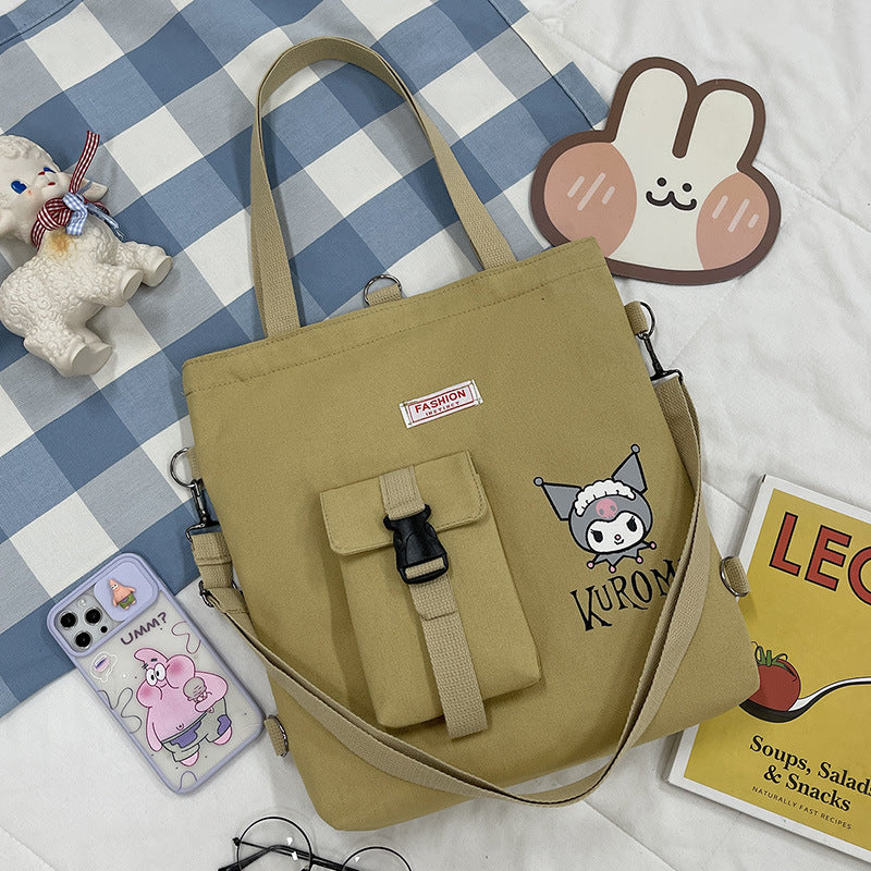 New canvas bag female handbag hundred with casual diagonal cross cartoon kuromi students large capacity cramming bag double back