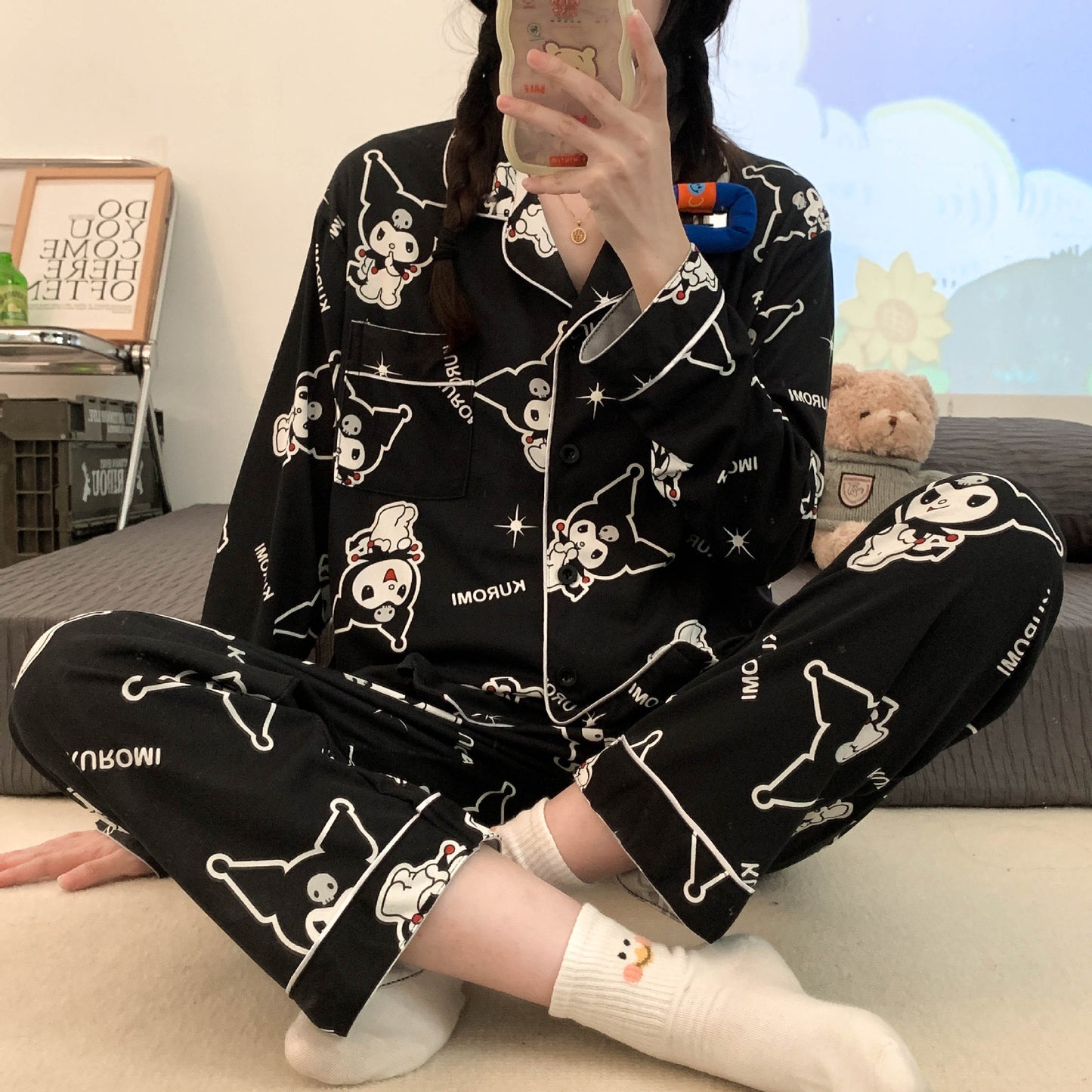 INS style Kuromi pajamas women's new cartoon cute loose fitting long sleeved high beauty spring autumn home clothing set