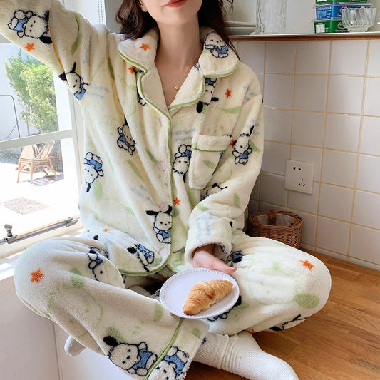 Japanese Pacha dog coral fleece pajama girl autumn and winter long-sleeved warm cartoon student homewear real shot dropshipping