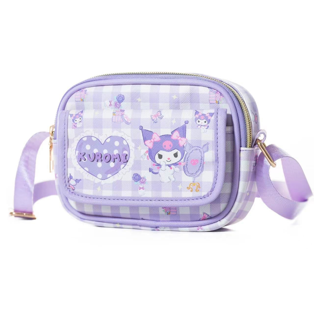 【B-0048】Japanese Kuromi Double Layer Mobile Phone Bag Cute Cartoon Crossbody Bag One Shoulder Backpack Change Key Storage Bag