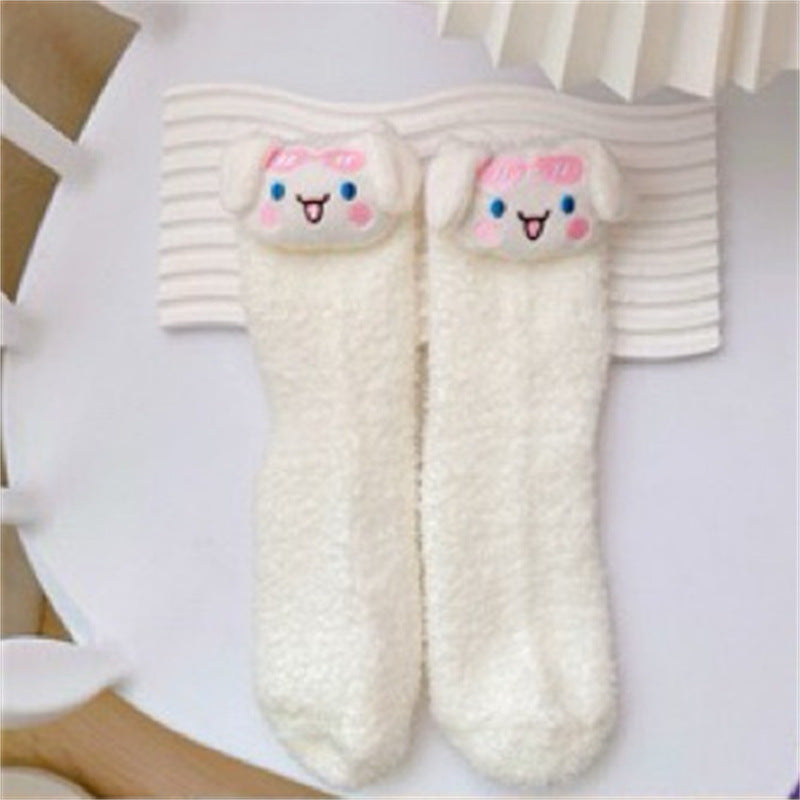 【DU-0054】Japanese Cute Girl Heart Plush Floor Socks, Home Plush Socks, Winter Warm Medium Tube Socks, Coolommy Sleep Socks