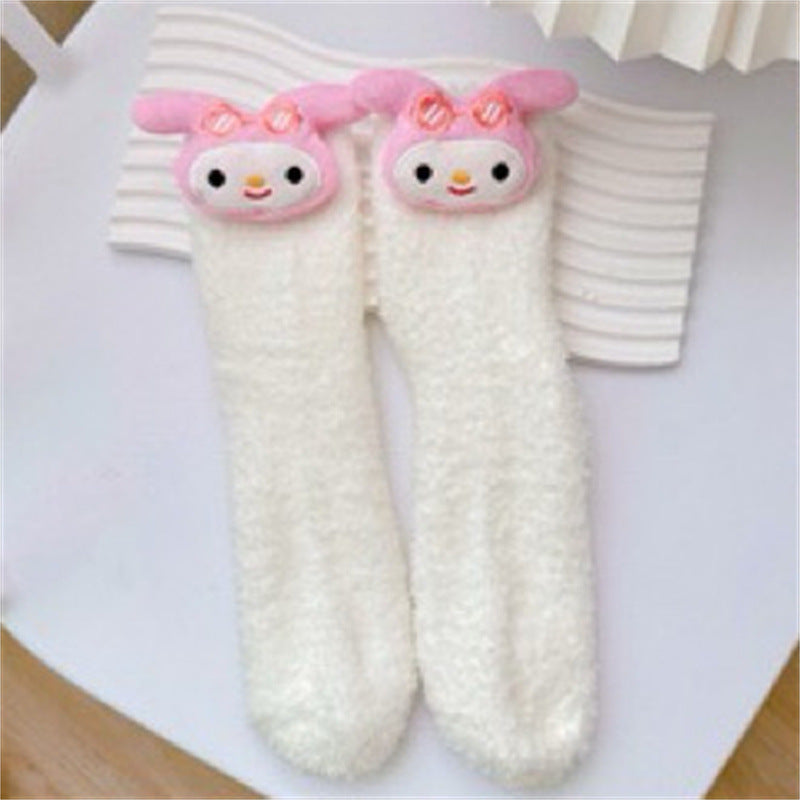 【DU-0054】Japanese Cute Girl Heart Plush Floor Socks, Home Plush Socks, Winter Warm Medium Tube Socks, Coolommy Sleep Socks